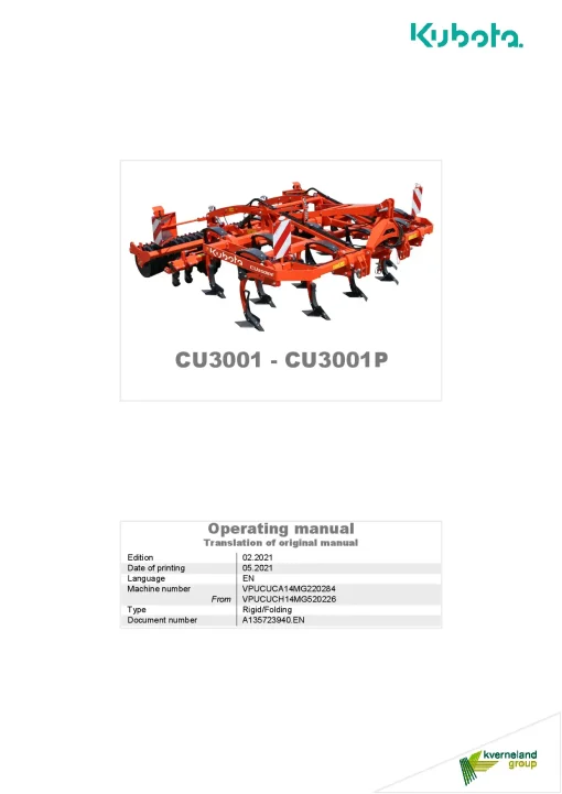 Kubota CU3001 P Cultivators shallow 2021 A135825940EN Operation Maintenance Manual PDF download