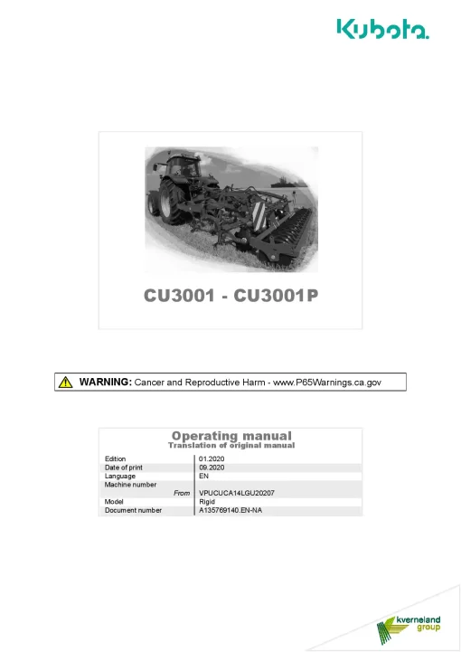 Kubota CU3001 P Model Rigid Cultivators shallow 2020 A135825440EN - NA Operation Maintenance Manual PDF download