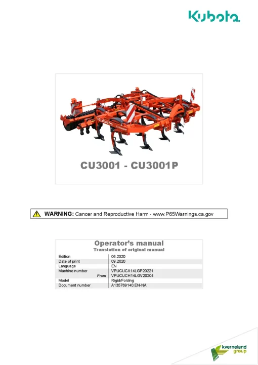 Kubota CU3001 P Model Rigid Folding Cultivators shallow 2020 A135825440EN - NA Operation Maintenance Manual PDF download