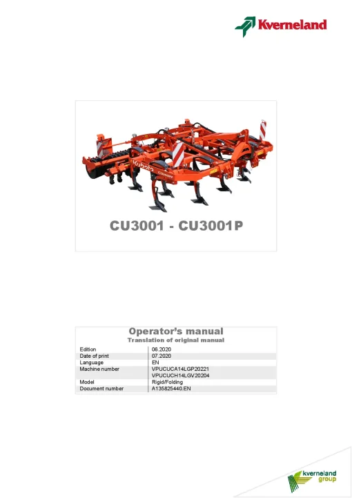 Kubota CU3001 P Model Rigid Folding Cultivators shallow 2020 A135825440EN Operation Maintenance Manual PDF download