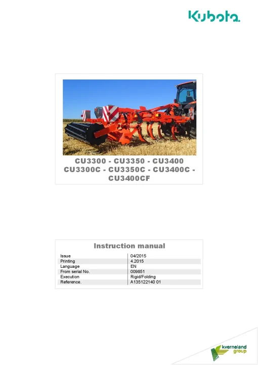 Kubota CY3400CF CU- 3000 3350 3400-C Cultivators shallow 2015 Operation Maintenance Manual PDF download
