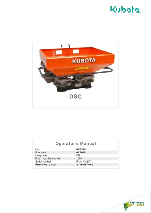 Kubota DSC Spreaders Disc Rear mounted 2018 A138056740-2 Operation Maintenance Manual PDF download
