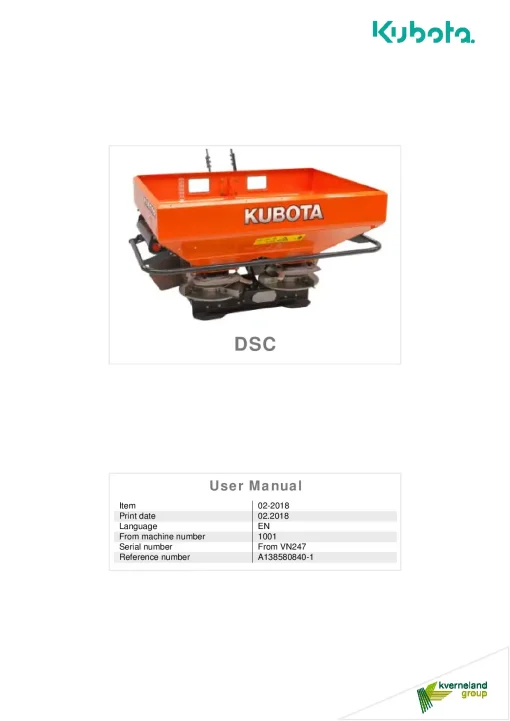 Kubota DSC Spreaders Disc Rear mounted 2018 Operation Maintenance Manual PDF download