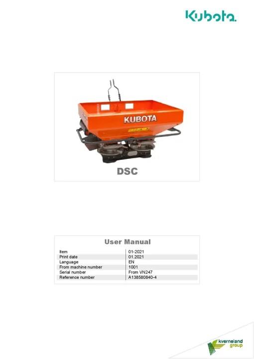 Kubota DSC Spreaders Disc Rear mounted 2021 Operation Maintenance Manual PDF download