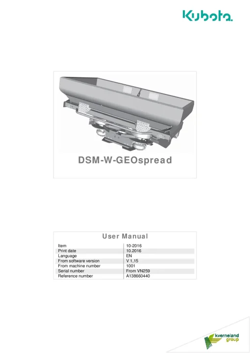 Kubota DSM-W GEOSPREAD Spreaders Disc Rear mounted 2016 Operation Maintenance Manual PDF download