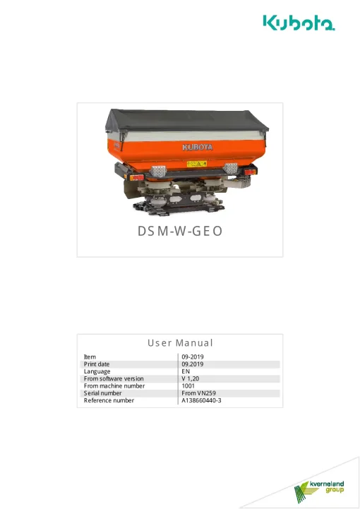 Kubota DSM-W GEOSPREAD Spreaders Disc Rear mounted 2019 Operation Maintenance Manual PDF download