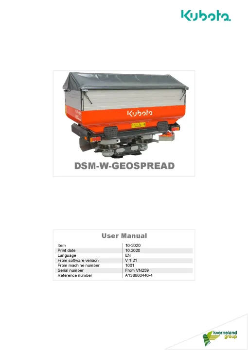 Kubota DSM-W GEOSPREAD Spreaders Disc Rear mounted 2020 A138660440-4 Operation Maintenance Manual PDF download