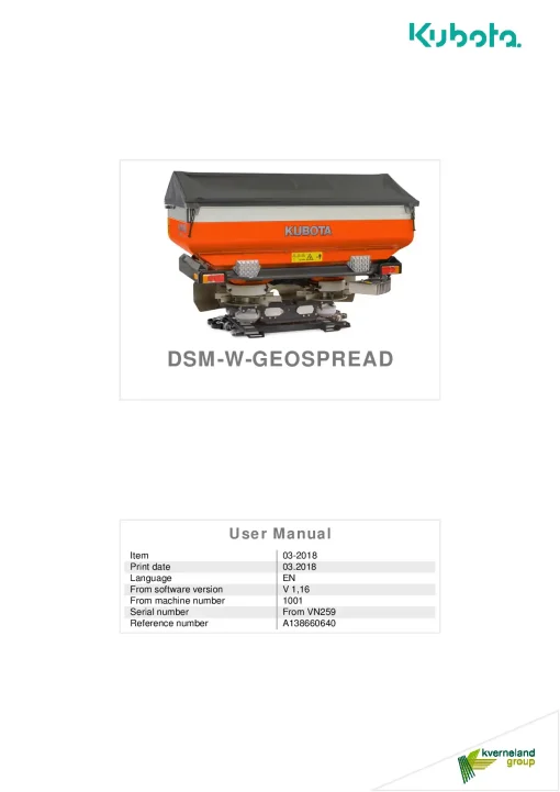 Kubota DSM-W GEOSPREAD Spreaders Disc Rear mounted 2020 A138660640 Operation Maintenance Manual PDF download