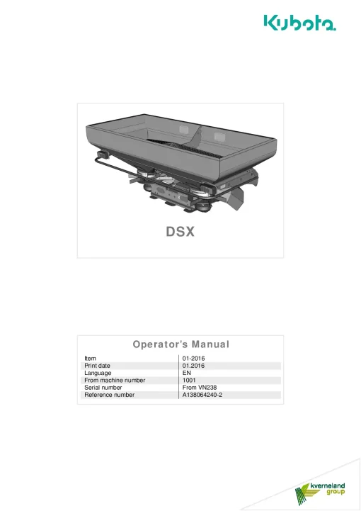 Kubota DSX Spreaders Disc Rear mounted 2016 A138064240-2 Operation Maintenance Manual PDF download