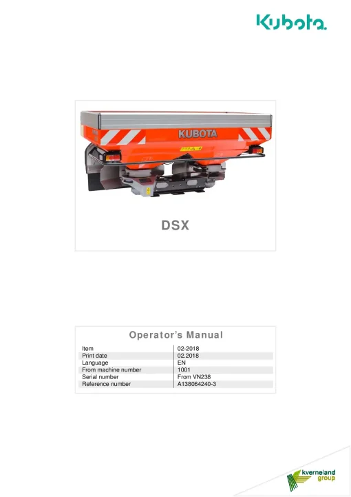 Kubota DSX Spreaders Disc Rear mounted 2018 A138064240-3 Operation Maintenance Manual PDF download