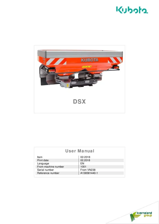 Kubota DSX Spreaders Disc Rear mounted 2018 A138581440-1 Operation Maintenance Manual PDF download