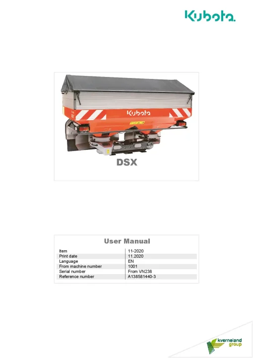 Kubota DSX Spreaders Disc Rear mounted 2020 A138581440-3 Operation Maintenance Manual PDF download