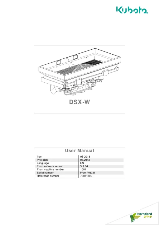 Kubota DSX-W Spreaders Disc Rear mounted 2013 Operation Maintenance Manual PDF download