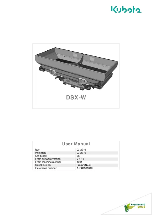 Kubota DSX-W Spreaders Disc Rear mounted 2016 A1380581640 Operation Maintenance Manual PDF download