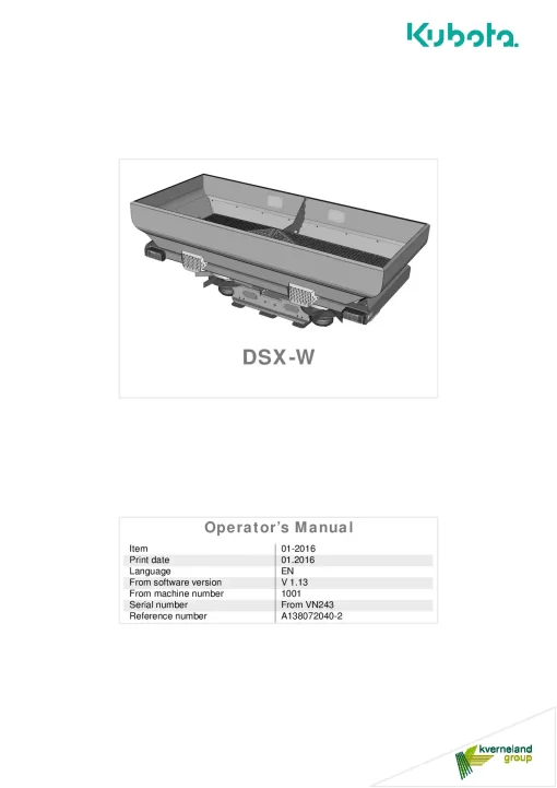 Kubota DSX-W Spreaders Disc Rear mounted 2016 A138072040-2 Operation Maintenance Manual PDF download