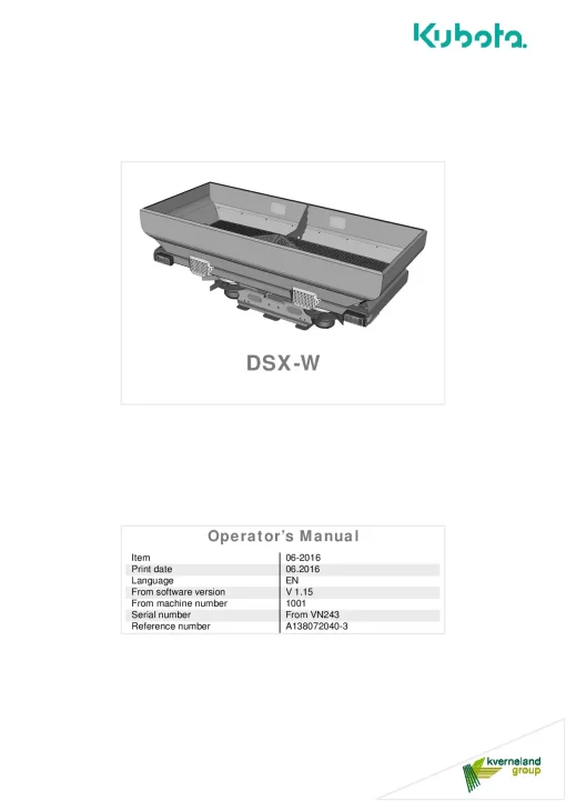 Kubota DSX-W Spreaders Disc Rear mounted 2016 A138072040-3 Operation Maintenance Manual PDF download