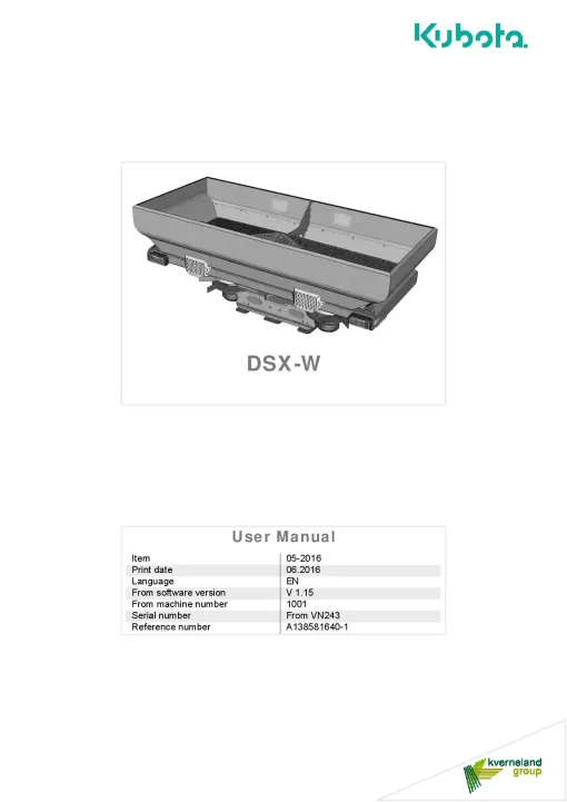 Kubota DSX-W Spreaders Disc Rear mounted 2016 A138581640-1 Operation Maintenance Manual PDF download