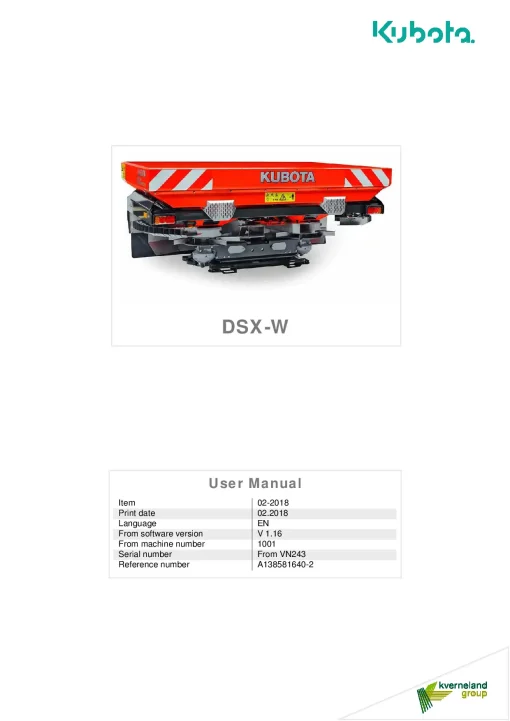 Kubota DSX-W Spreaders Disc Rear mounted 2018 A138581640-2 Operation Maintenance Manual PDF download
