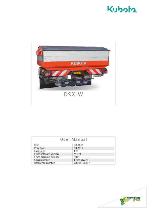 Kubota DSX-W Spreaders Disc Rear mounted 2019 A148416840-1 Operation Maintenance Manual PDF download
