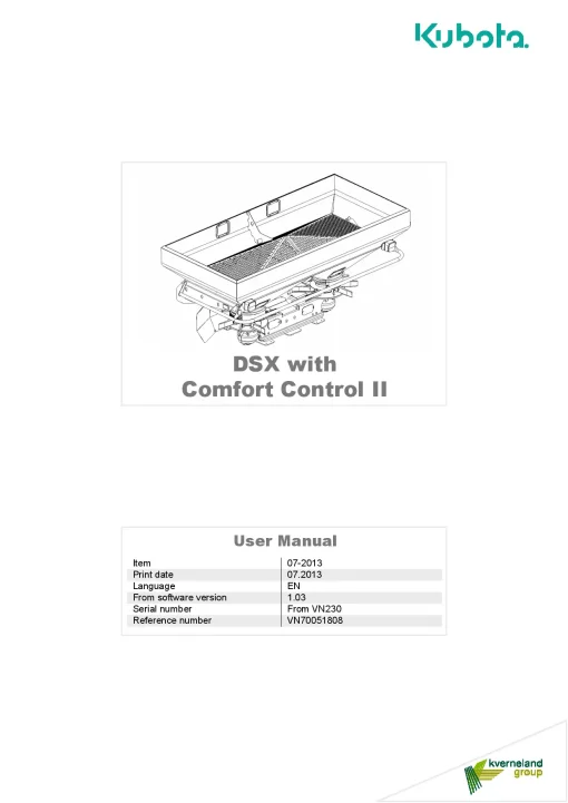 Kubota DSX with comfort control II Spreaders Disc Rear mounted 2013 Operation Maintenance Manual PDF download