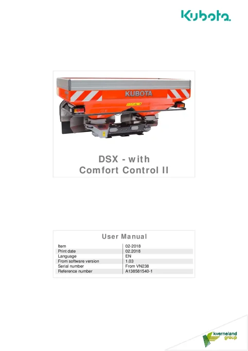Kubota DSX with comfort control II Spreaders Disc Rear mounted 2018 A138581540-1 Operation Maintenance Manual PDF download