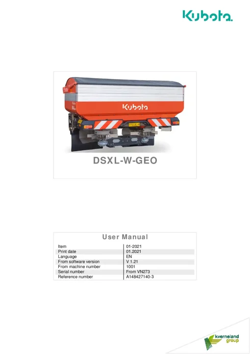 Kubota DSXL-W GEO Spreaders Disc Rear mounted 2021 Operation Maintenance Manual PDF download