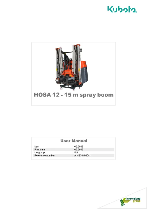 Kubota HOSA 12-15 Spray boom 2019 Operation Maintenance Manual PDF download