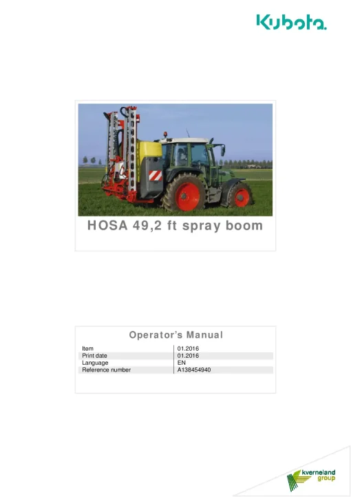 Kubota HOSA 49,2 Ft Spray boom 2016 Operation Maintenance Manual PDF download