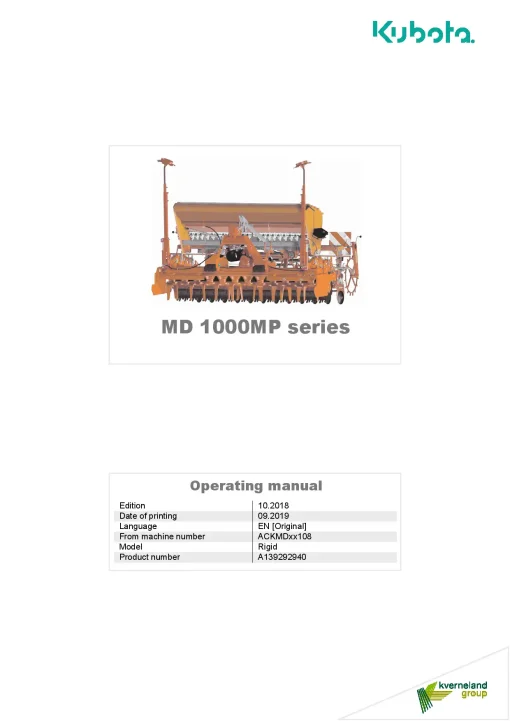 Kubota MD1000MP series Seed drills Cultivator mounted 2018 Operation Maintenance Manual PDF download