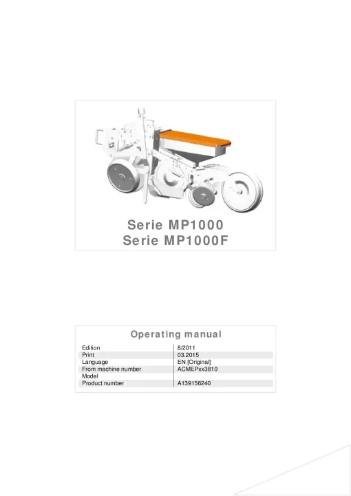 Kubota MP1000-F series Precision drills Mechanical 2015 Operation Maintenance Manual PDF download