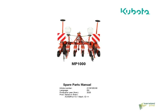 Kubota MP1000 Precision drills Mechanical 2020 Parts Manual Catalog Pdf Download
