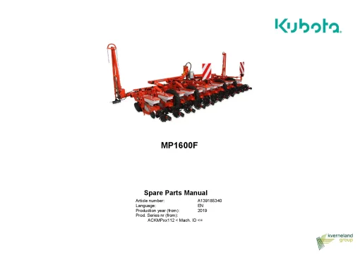 Kubota MP1600F Precision drills Mechanical 2019 Parts Manual Catalog Pdf Download