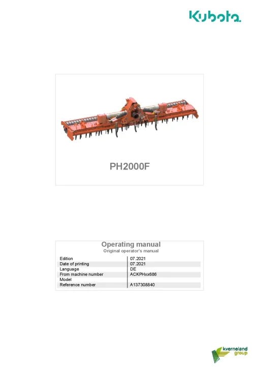 Kubota PH 2000F Power harrows 2021 Operation Maintenance Manual PDF download