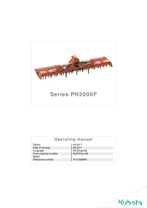 Kubota PH 2000F series Power harrows 2017 Operation Maintenance Manual PDF download