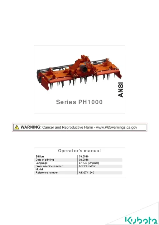Kubota PH1000 Power harrows 2018 North America Operation Maintenance Manual PDF download