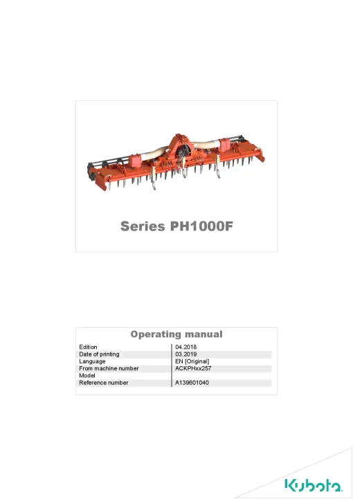 Kubota PH100F Power harrows 2017 A139601040 Operation Maintenance Manual PDF download