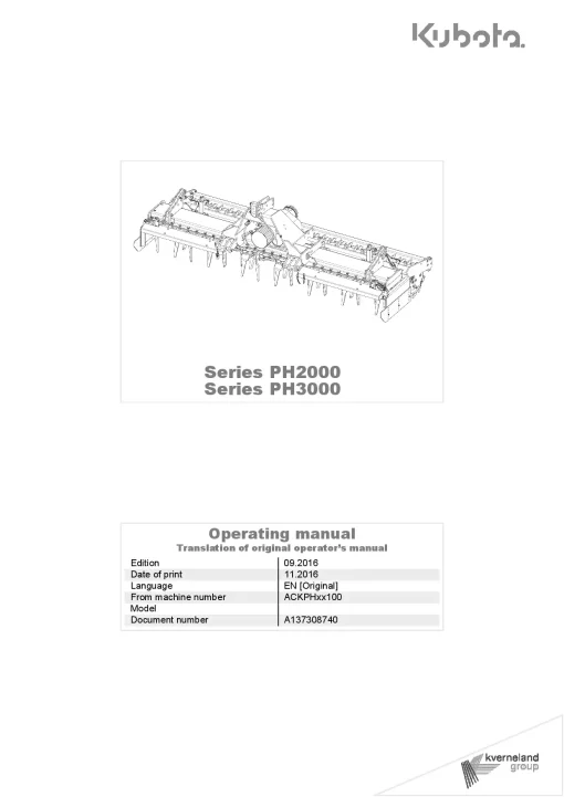 Kubota PH2000 PH3000 Power harrows 2016 Operation Maintenance Manual PDF download