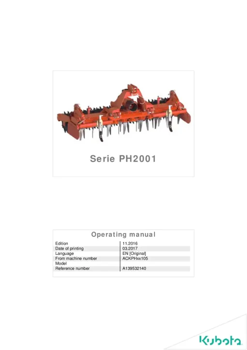 Kubota PH2001 Power harrows 2017 Operation Maintenance Manual PDF download