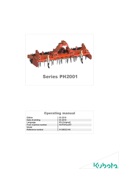Kubota PH2001 Power harrows 2018 A139532140 Operation Maintenance Manual PDF download
