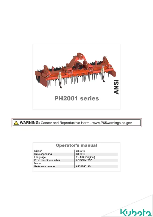 Kubota PH2001 Power harrows 2018 A139740140 North America Operation Maintenance Manual PDF download