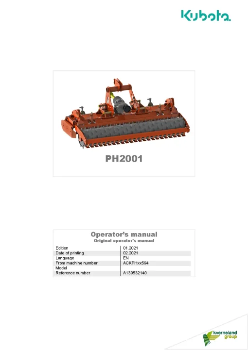 Kubota PH2001 Power harrows 2021 Operation Maintenance Manual PDF download