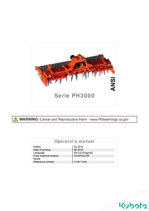 Kubota PH3000 Power harrows 2018 A139711840 North America Operation Maintenance Manual PDF download