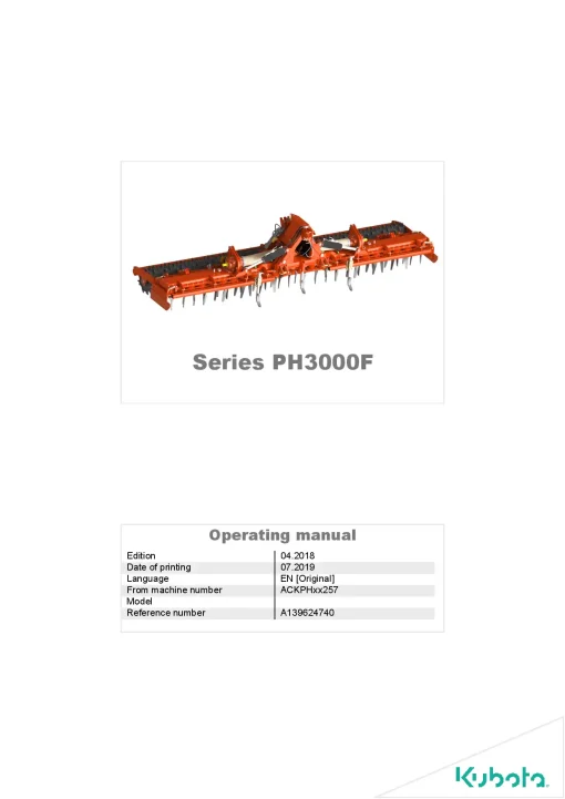 Kubota PH3000F Power harrows 2018 A139624740 Operation Maintenance Manual PDF download