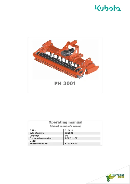 Kubota PH3001 Power harrows 2020 Operation Maintenance Manual PDF download