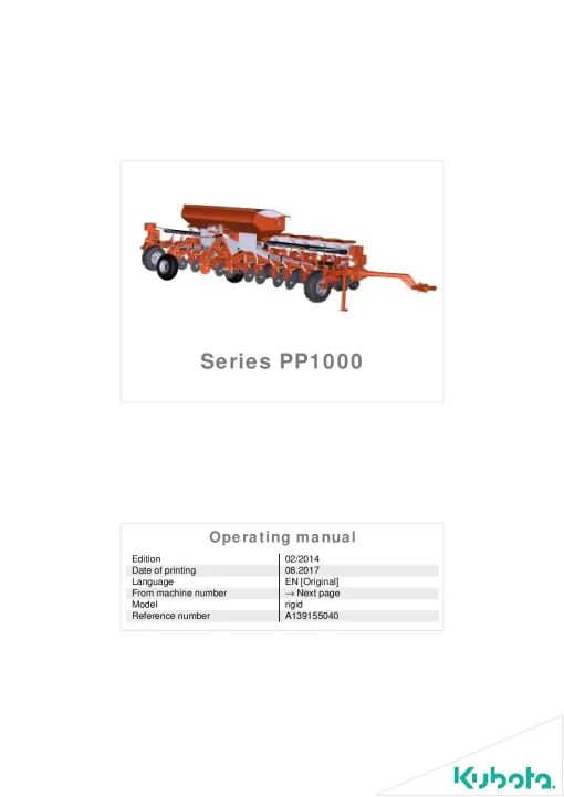 Kubota PP1000 Precision drills Pneumatic 2017 Operation Maintenance Manual PDF download