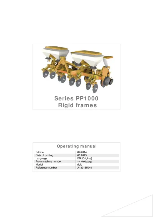 Kubota PP1000 Rigid Frames Precision drills Pneumatic 2014 Operation Maintenance Manual PDF download