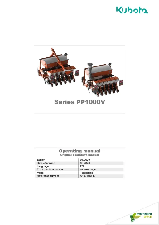 Kubota PP1000V Precision drills Pneumatic 2020 Operation Maintenance Manual PDF download