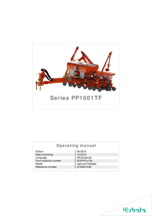 Kubota PP1001TF Precision drills Pneumatic 2016 Operation Maintenance Manual PDF download