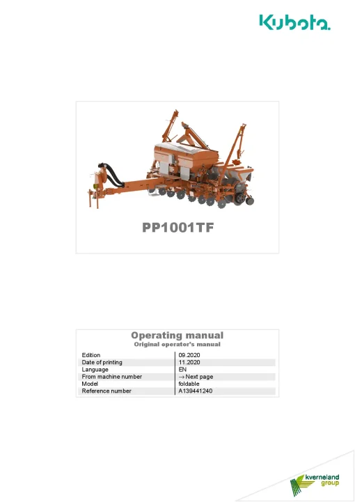 Kubota PP1001TF Precision drills Pneumatic 2020 Operation Maintenance Manual PDF download