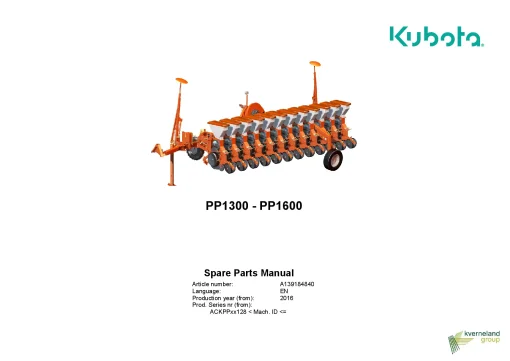 Kubota PP1300-1600 Precision drills Pneumatic 2016 Parts Manual Catalog Pdf Download
